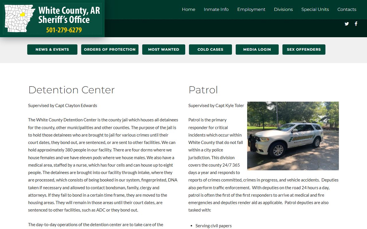 White County Detention Center custody divisions and inmate population coverage
