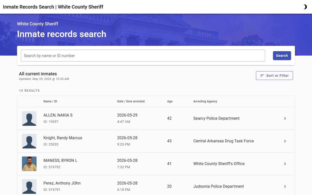 White County jail roster search interface for current inmate lookup